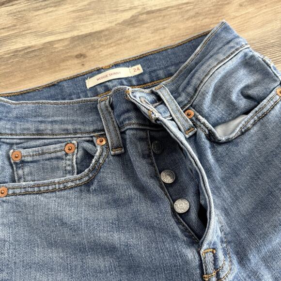Levi’s Wedgie Skinny Distressed Button Fly Jeans Women’s 24 Blue High Rise - Picture 2 of 7